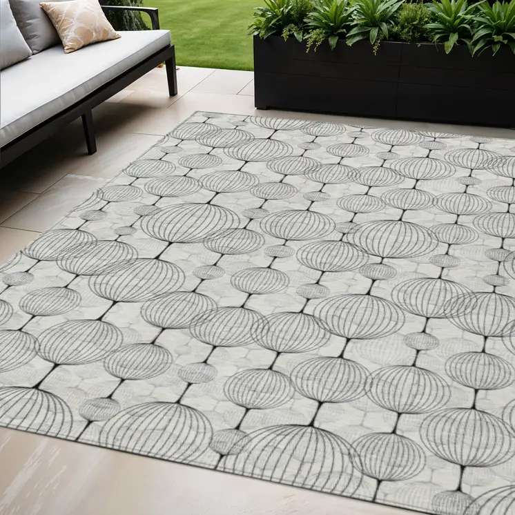 5' X 8' White Gray And Silver Geometric Washable Indoor Outdoor Area Rug