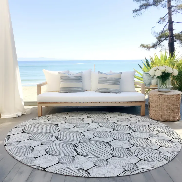 8' White Gray And Silver Round Geometric Washable Indoor Outdoor Area Rug