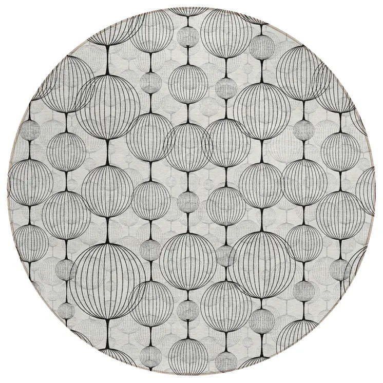 8' White Gray And Silver Round Geometric Washable Indoor Outdoor Area Rug