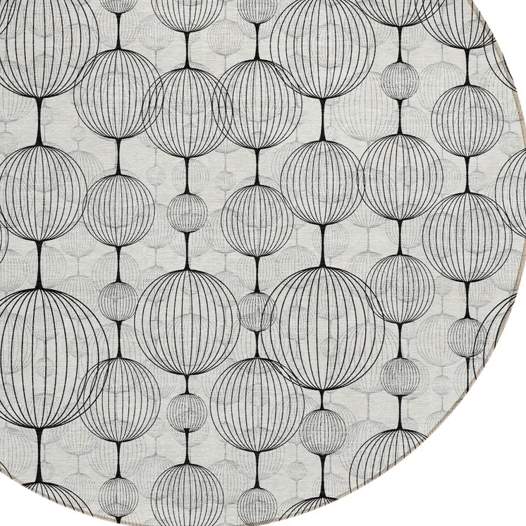 8' White Gray And Silver Round Geometric Washable Indoor Outdoor Area Rug