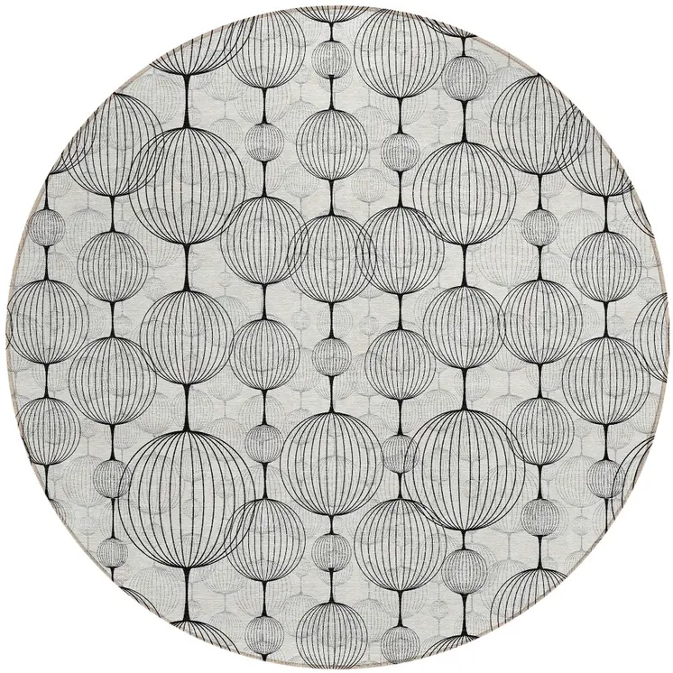 8' White Gray And Silver Round Geometric Washable Indoor Outdoor Area Rug