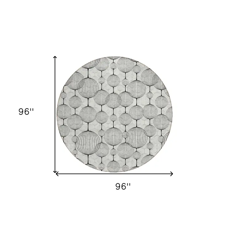 8' White Gray And Silver Round Geometric Washable Indoor Outdoor Area Rug