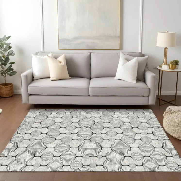 8' X 10' White Gray And Silver Geometric Washable Indoor Outdoor Area Rug