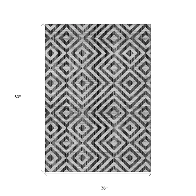 3' X 5' Black Gray And Silver Geometric Washable Indoor Outdoor Area Rug