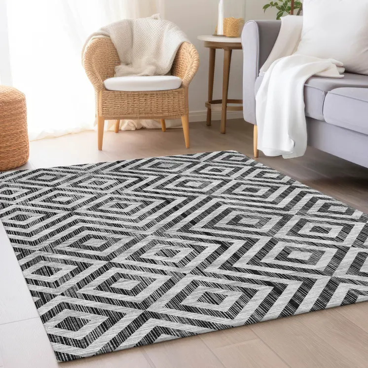 3' X 5' Black Gray And Silver Geometric Washable Indoor Outdoor Area Rug