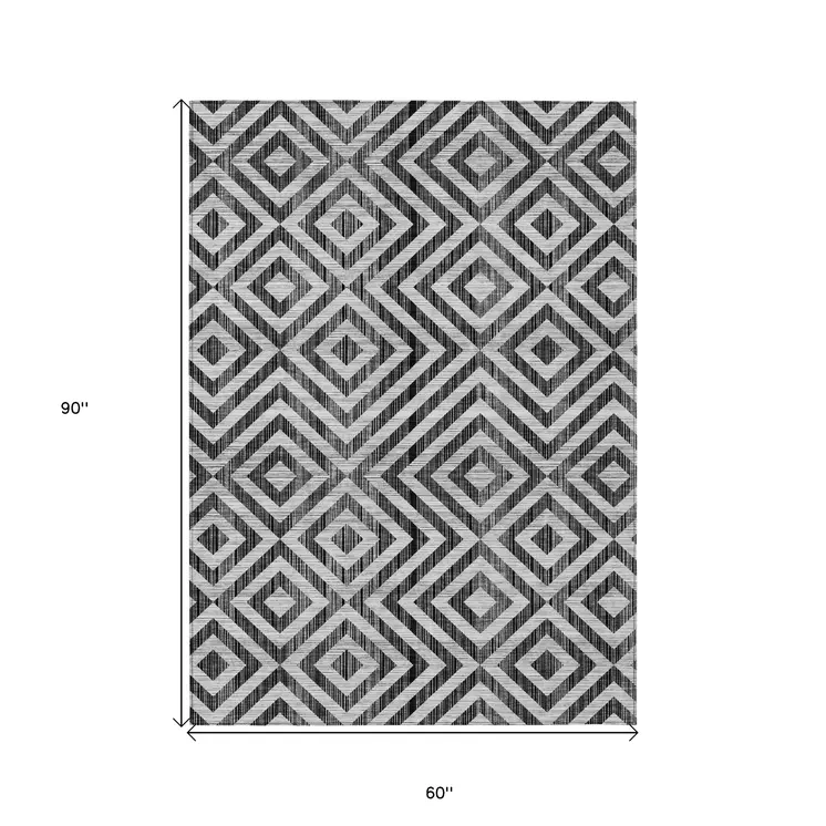 5' X 8' Black Gray And Silver Geometric Washable Indoor Outdoor Area Rug