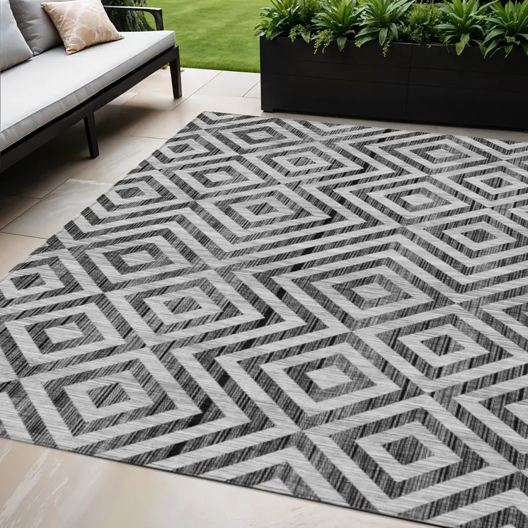 5' X 8' Black Gray And Silver Geometric Washable Indoor Outdoor Area Rug