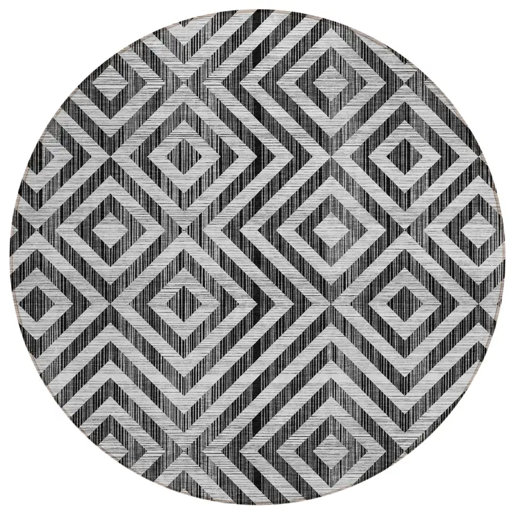 8' Black Gray And Silver Round Geometric Washable Indoor Outdoor Area Rug