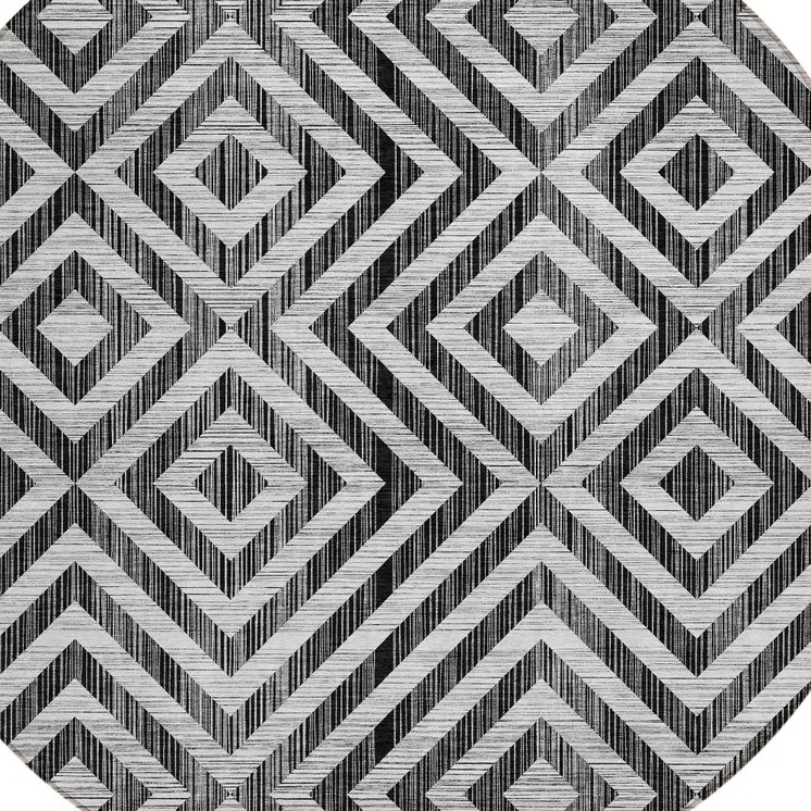 8' Black Gray And Silver Round Geometric Washable Indoor Outdoor Area Rug