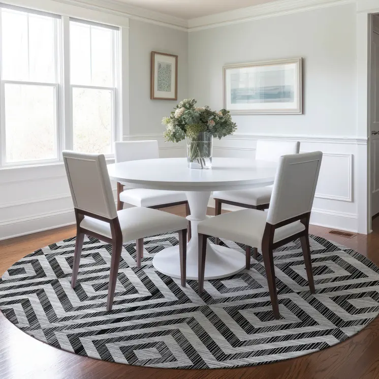 8' Black Gray And Silver Round Geometric Washable Indoor Outdoor Area Rug