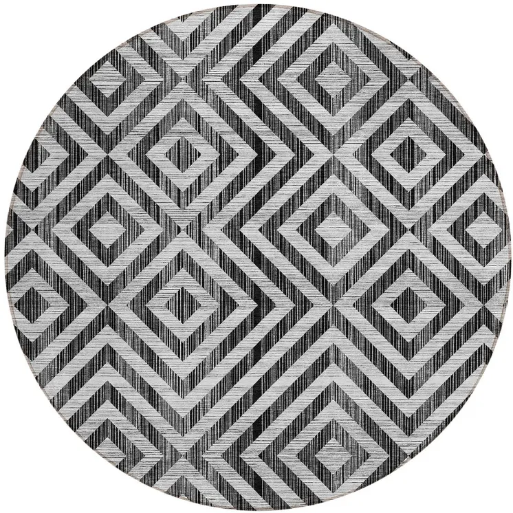 8' Black Gray And Silver Round Geometric Washable Indoor Outdoor Area Rug