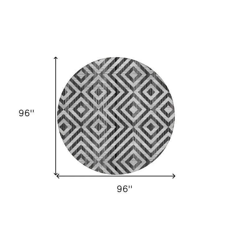 8' Black Gray And Silver Round Geometric Washable Indoor Outdoor Area Rug