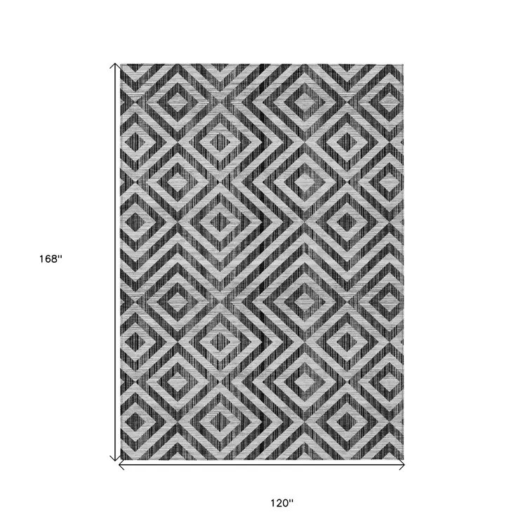 10' X 14' Black Gray And Silver Geometric Washable Indoor Outdoor Area Rug