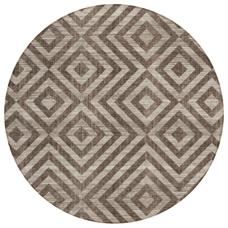 8' Brown Taupe And Beige Round Geometric Washable Indoor Outdoor Area Rug