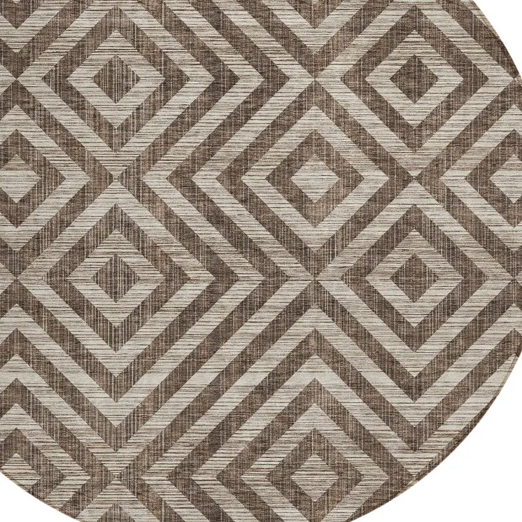 8' Brown Taupe And Beige Round Geometric Washable Indoor Outdoor Area Rug