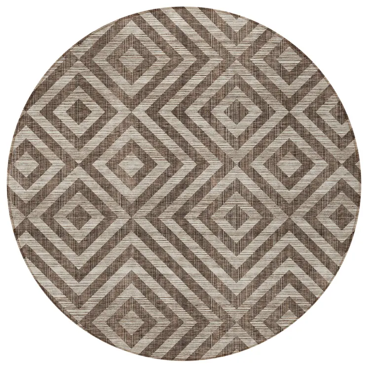 8' Brown Taupe And Beige Round Geometric Washable Indoor Outdoor Area Rug