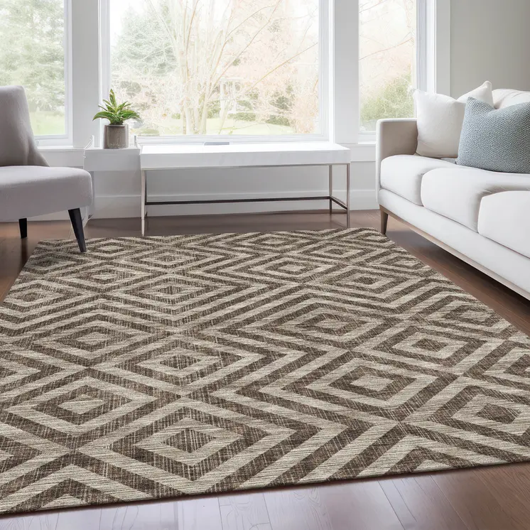 9' X 12' Brown Taupe And Beige Geometric Washable Indoor Outdoor Area Rug