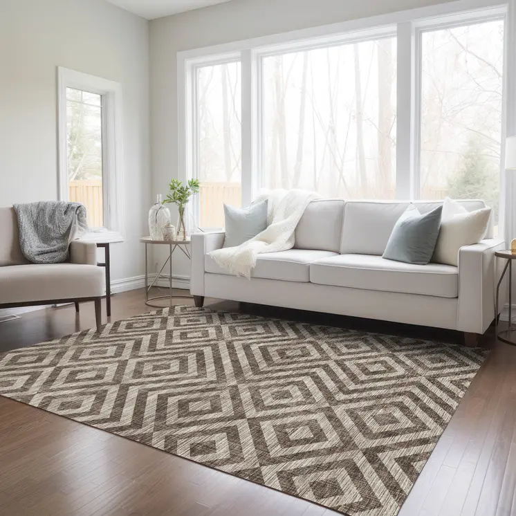 9' X 12' Brown Taupe And Beige Geometric Washable Indoor Outdoor Area Rug