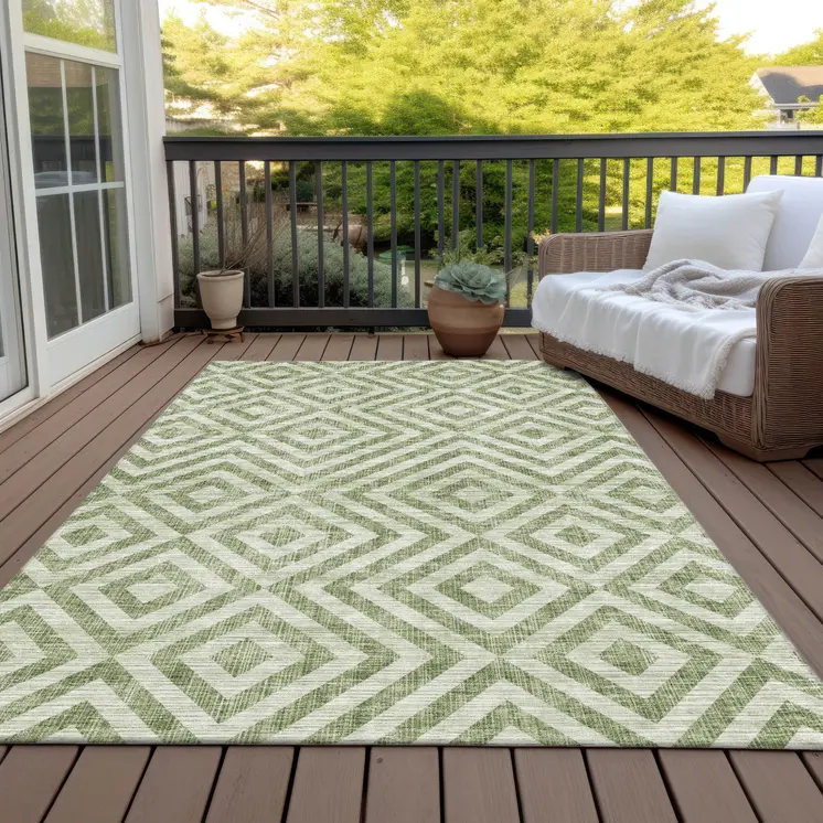3' X 5' Green And Beige Geometric Washable Indoor Outdoor Area Rug