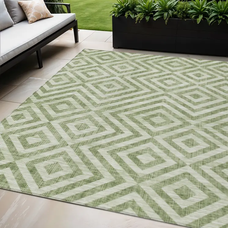 5' X 8' Green And Beige Geometric Washable Indoor Outdoor Area Rug