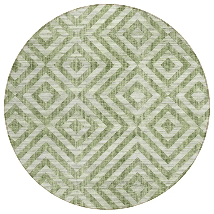 8' Green And Beige Round Geometric Washable Indoor Outdoor Area Rug