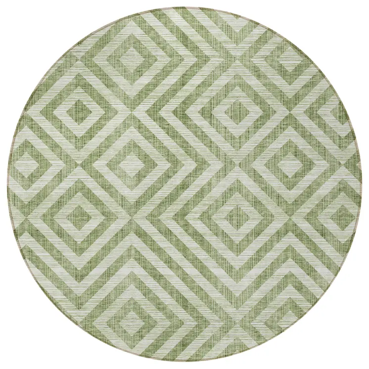 8' Green And Beige Round Geometric Washable Indoor Outdoor Area Rug