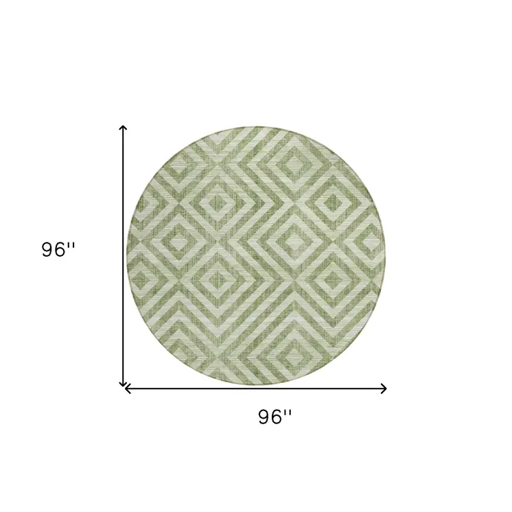 8' Green And Beige Round Geometric Washable Indoor Outdoor Area Rug