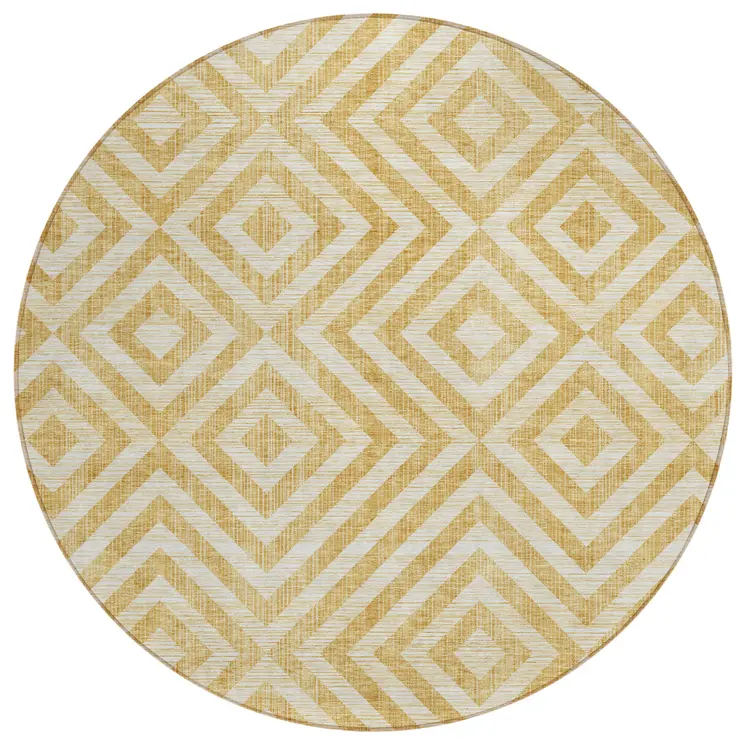 8' Gold Beige And Ivory Round Geometric Washable Indoor Outdoor Area Rug