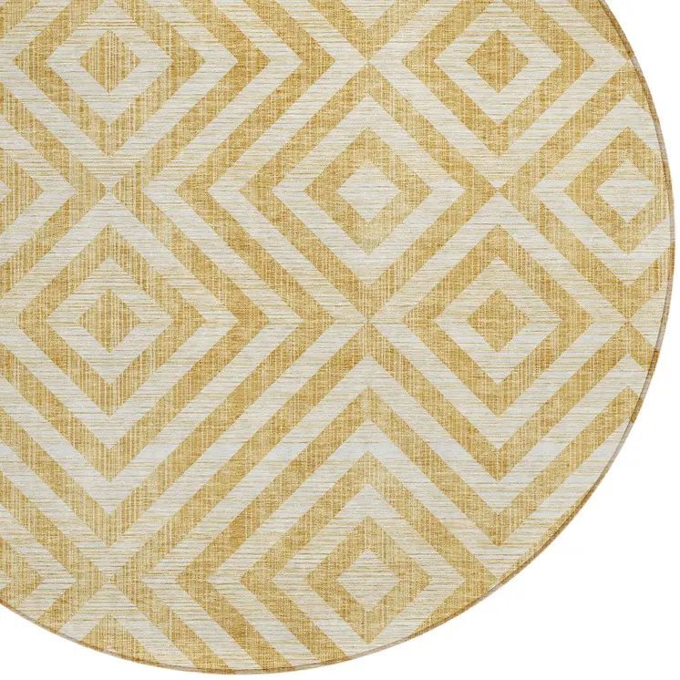 8' Gold Beige And Ivory Round Geometric Washable Indoor Outdoor Area Rug