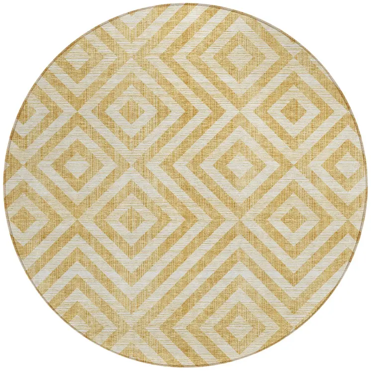 8' Gold Beige And Ivory Round Geometric Washable Indoor Outdoor Area Rug