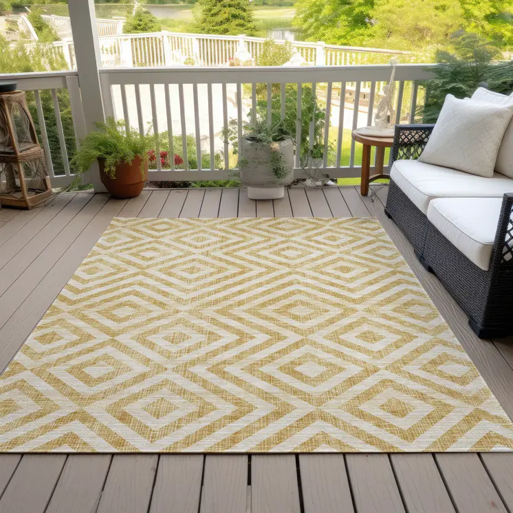 8' X 10' Gold Beige And Ivory Geometric Washable Indoor Outdoor Area Rug