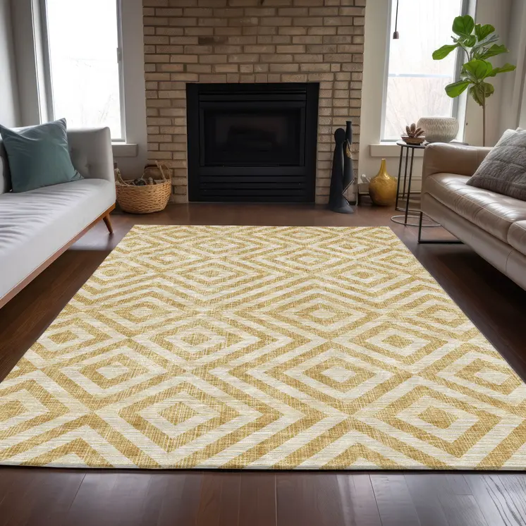 8' X 10' Gold Beige And Ivory Geometric Washable Indoor Outdoor Area Rug