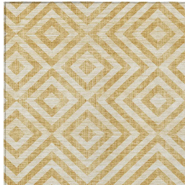 9' X 12' Gold Beige And Ivory Geometric Washable Indoor Outdoor Area Rug