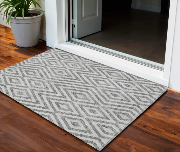3' X 5' Gray Silver And Ivory Geometric Washable Indoor Outdoor Area Rug