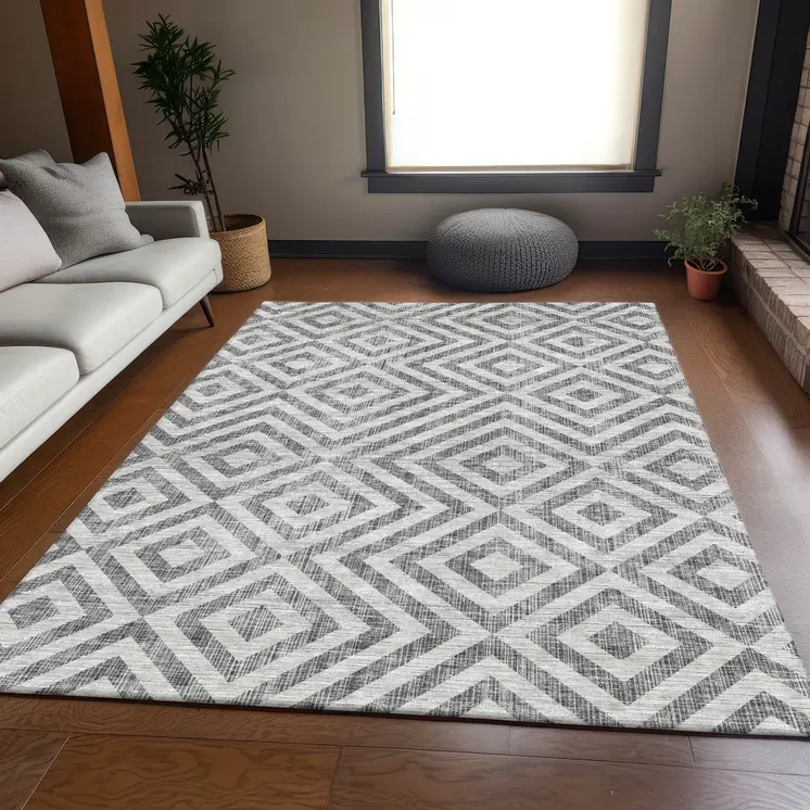 3' X 5' Gray Silver And Ivory Geometric Washable Indoor Outdoor Area Rug