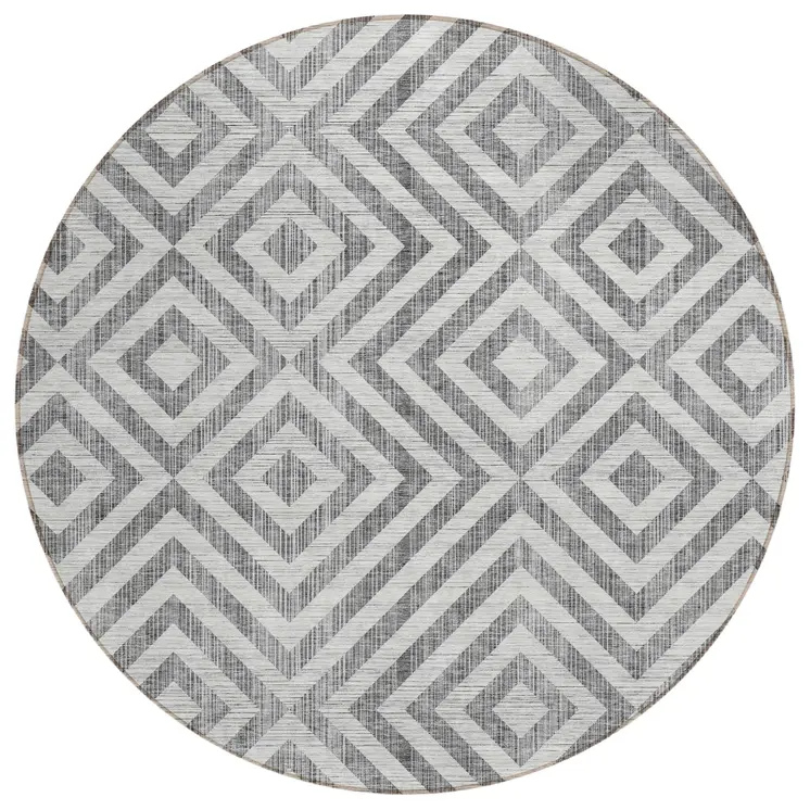 8' Gray Silver And Ivory Round Geometric Washable Indoor Outdoor Area Rug