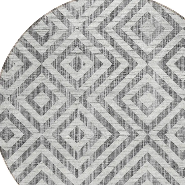 8' Gray Silver And Ivory Round Geometric Washable Indoor Outdoor Area Rug