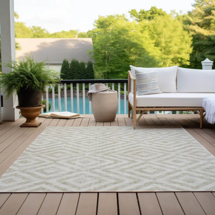 3' X 5' Ivory And Beige Geometric Washable Indoor Outdoor Area Rug