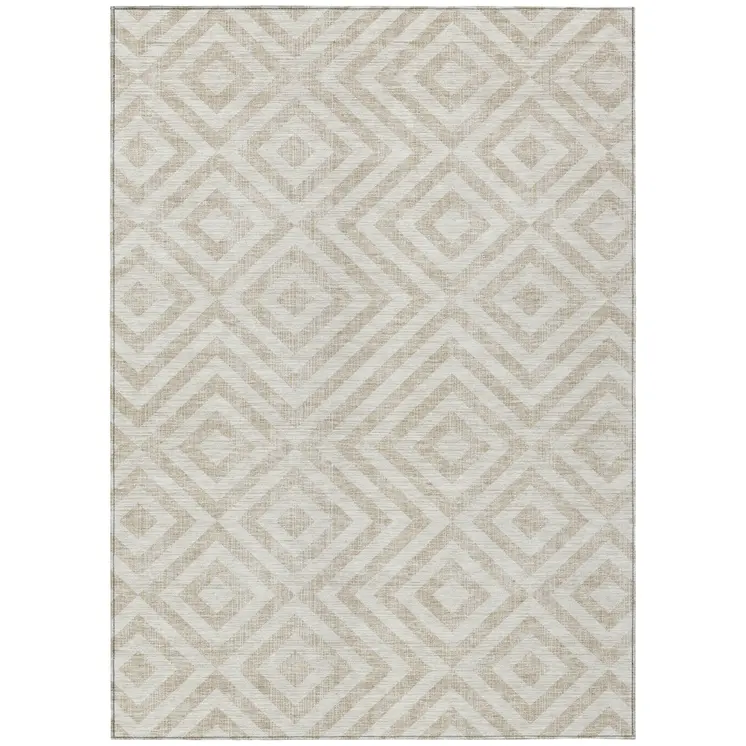 5' X 8' Ivory And Beige Geometric Washable Indoor Outdoor Area Rug
