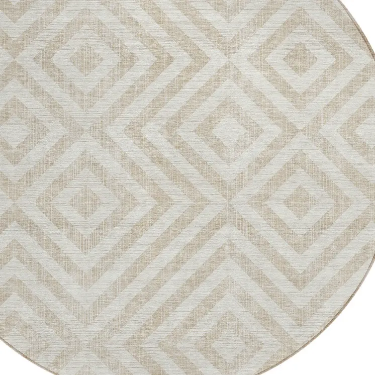 8' Ivory And Beige Round Geometric Washable Indoor Outdoor Area Rug