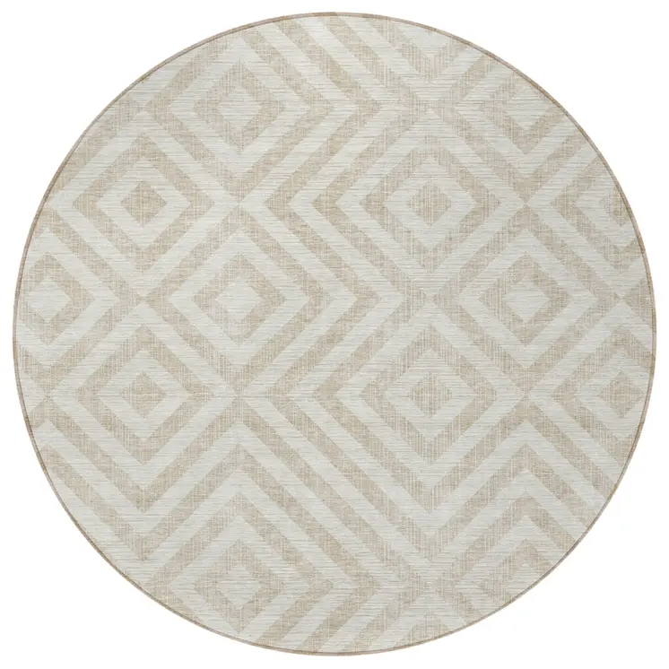 8' Ivory And Beige Round Geometric Washable Indoor Outdoor Area Rug