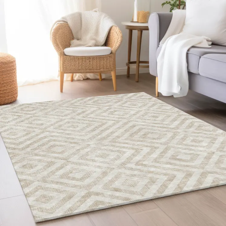 10' X 14' Ivory And Beige Geometric Washable Indoor Outdoor Area Rug