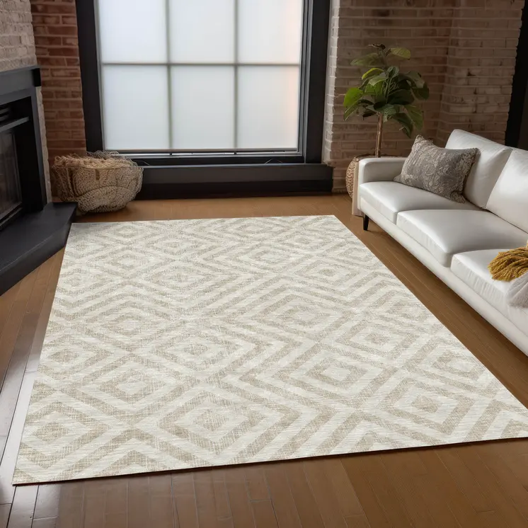 10' X 14' Ivory And Beige Geometric Washable Indoor Outdoor Area Rug