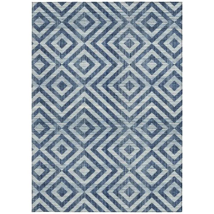 3' X 5' Navy Blue And Ivory Geometric Washable Indoor Outdoor Area Rug
