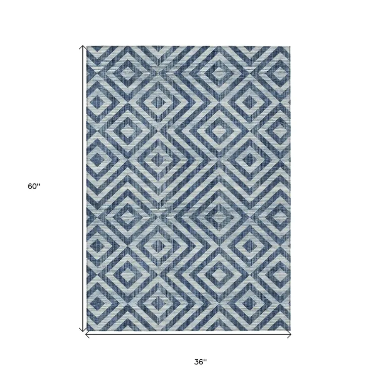 3' X 5' Navy Blue And Ivory Geometric Washable Indoor Outdoor Area Rug