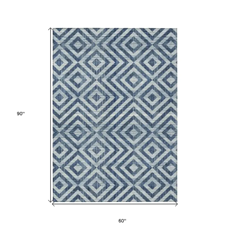 5' X 8' Navy Blue And Ivory Geometric Washable Indoor Outdoor Area Rug