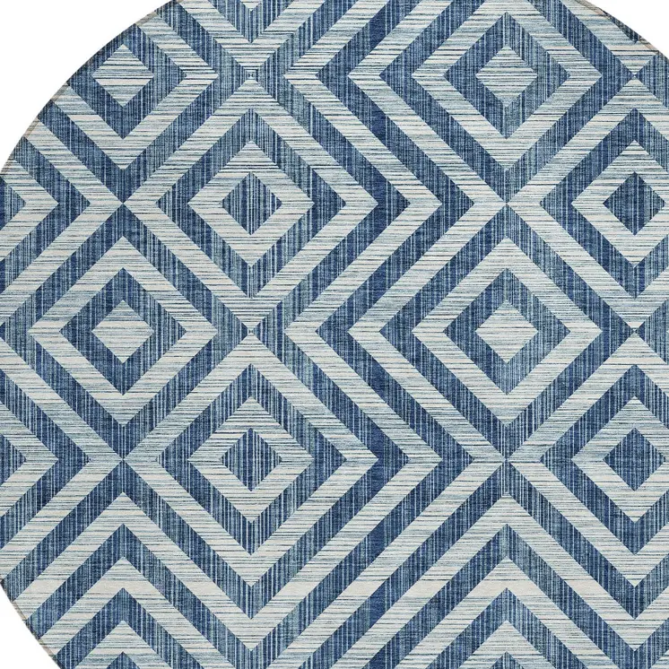 8' Navy Blue And Ivory Round Geometric Washable Indoor Outdoor Area Rug