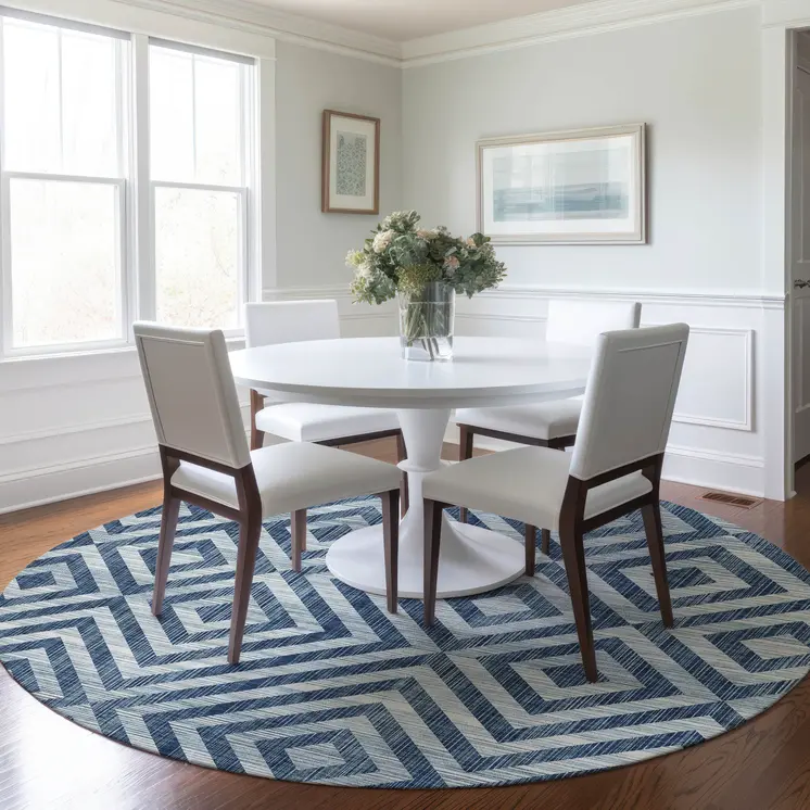 8' Navy Blue And Ivory Round Geometric Washable Indoor Outdoor Area Rug