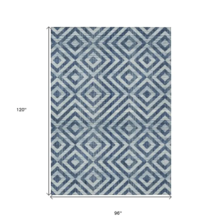 8' X 10' Navy Blue And Ivory Geometric Washable Indoor Outdoor Area Rug