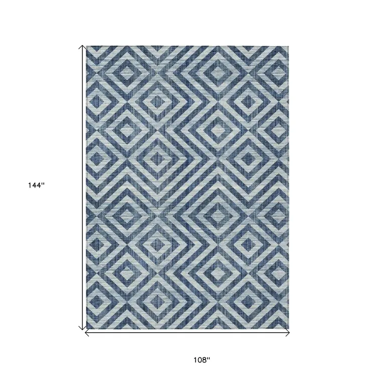 9' X 12' Navy Blue And Ivory Geometric Washable Indoor Outdoor Area Rug